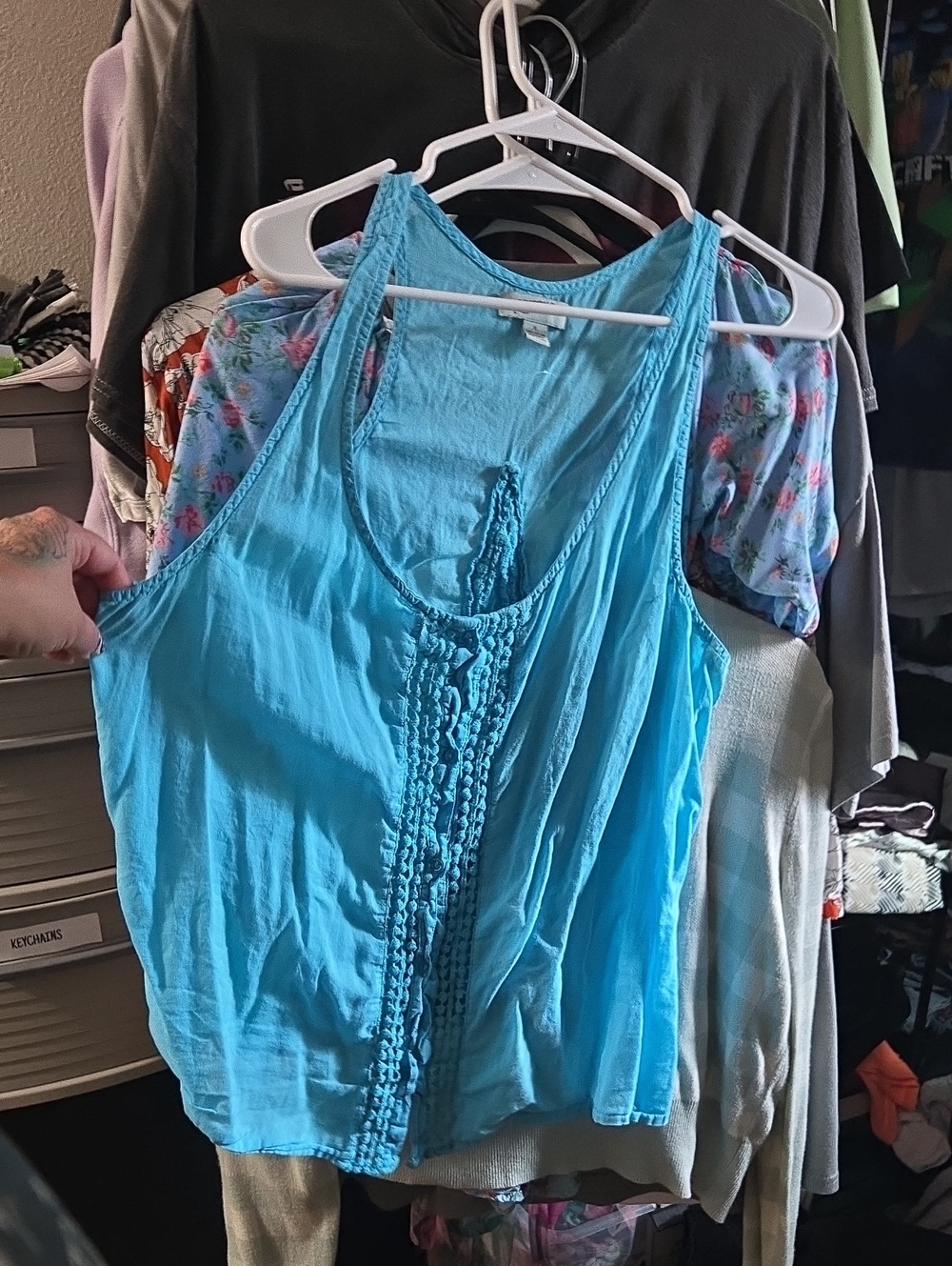 Arizona Jean Company Turquoise Crochet-Front Tank Top